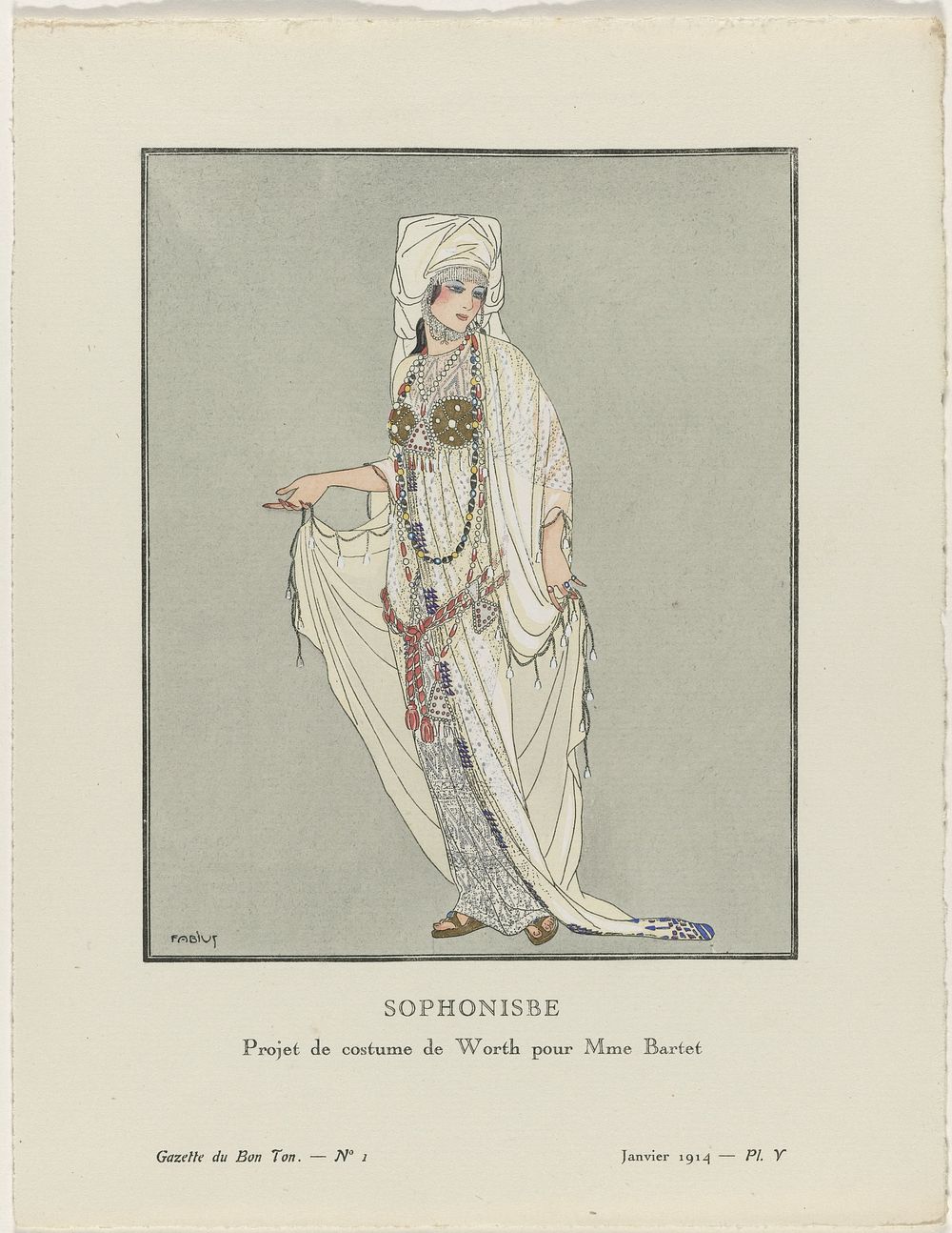 Gazette du Bon Ton, 1914, No. 1, Pl. V: Sophonisbe / Projet de Costume de Worth pour Mme Bartet (1914) by Fabius, anonymous…