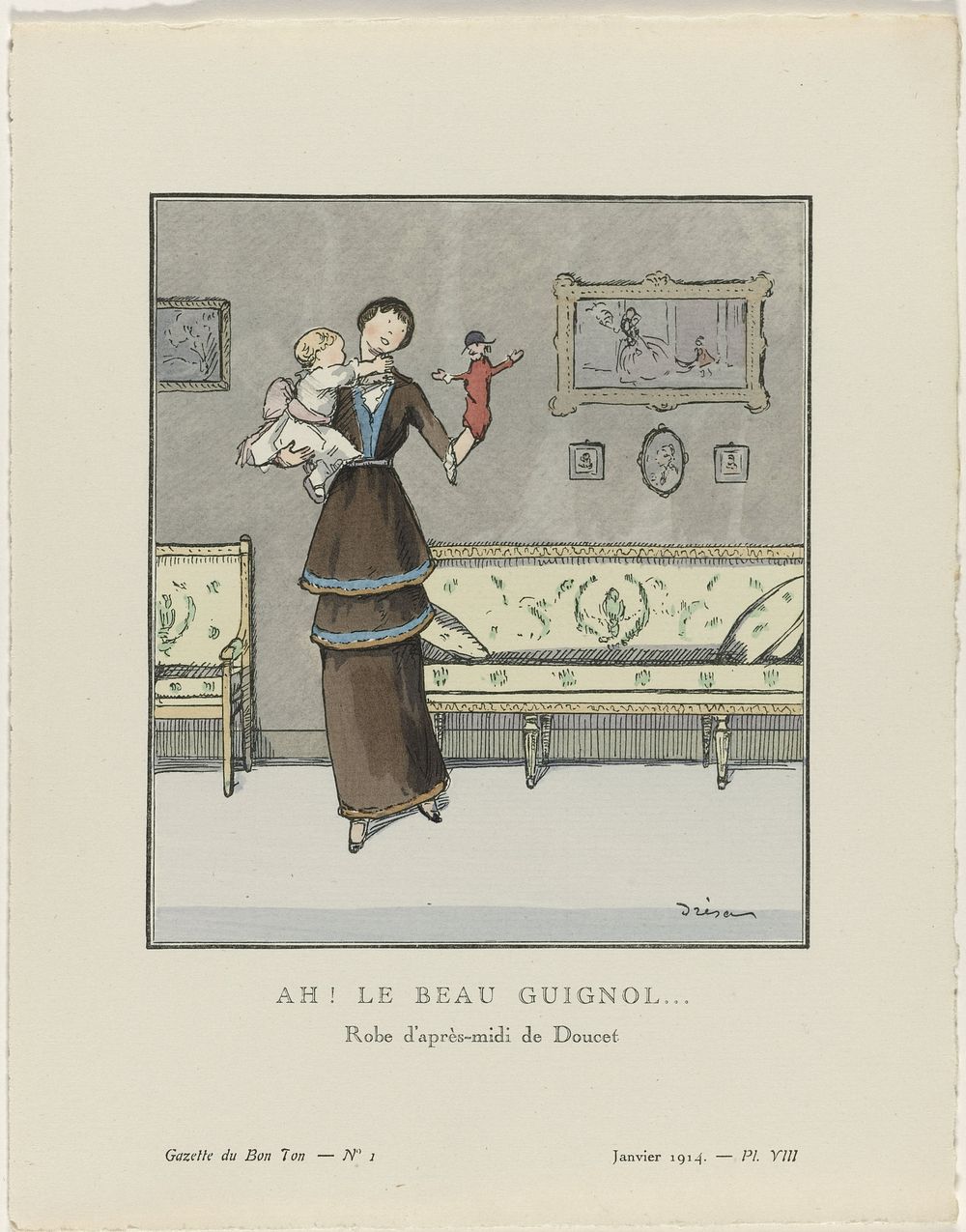 Gazette du Bon Ton, 1914 - No. 1, Pl. VIII: Ah ! Le Beau Guignol (...) / Robe d'après-midi de Doucet. (1914) by Jacques…