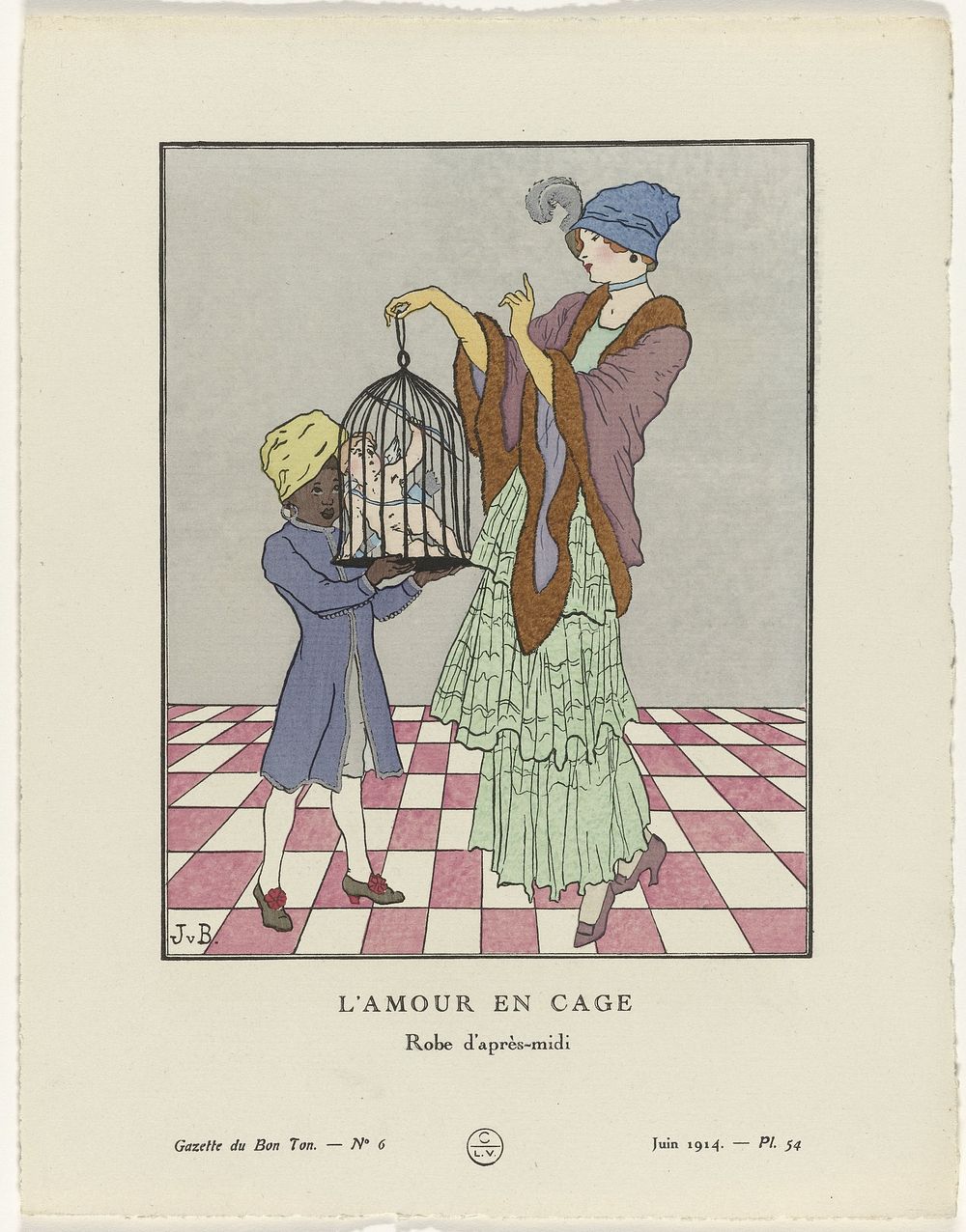 Gazette du Bon Ton, 1914 - No. 6, Pl. 54: L'amour en cage / Robe d'après-midi (1914) by Jan van Brock, anonymous, Lucien…