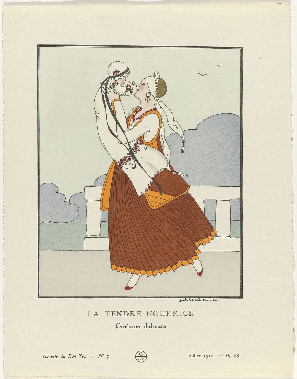 Gazette du Bon Ton, 1914 - No. 7, Pl. 66: La tendre nourrice / Costume dalmate (1914) by Zoë de Borelli Vranska, anonymous…