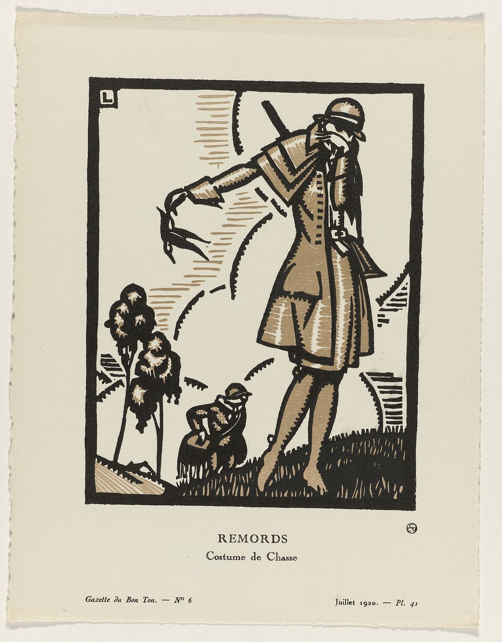 Gazette du Bon Ton, 1920 - No. 6 : Remords / Costume de Chasse (1920) by Maurice Leroy, anonymous, Lucien Vogel, The Field…