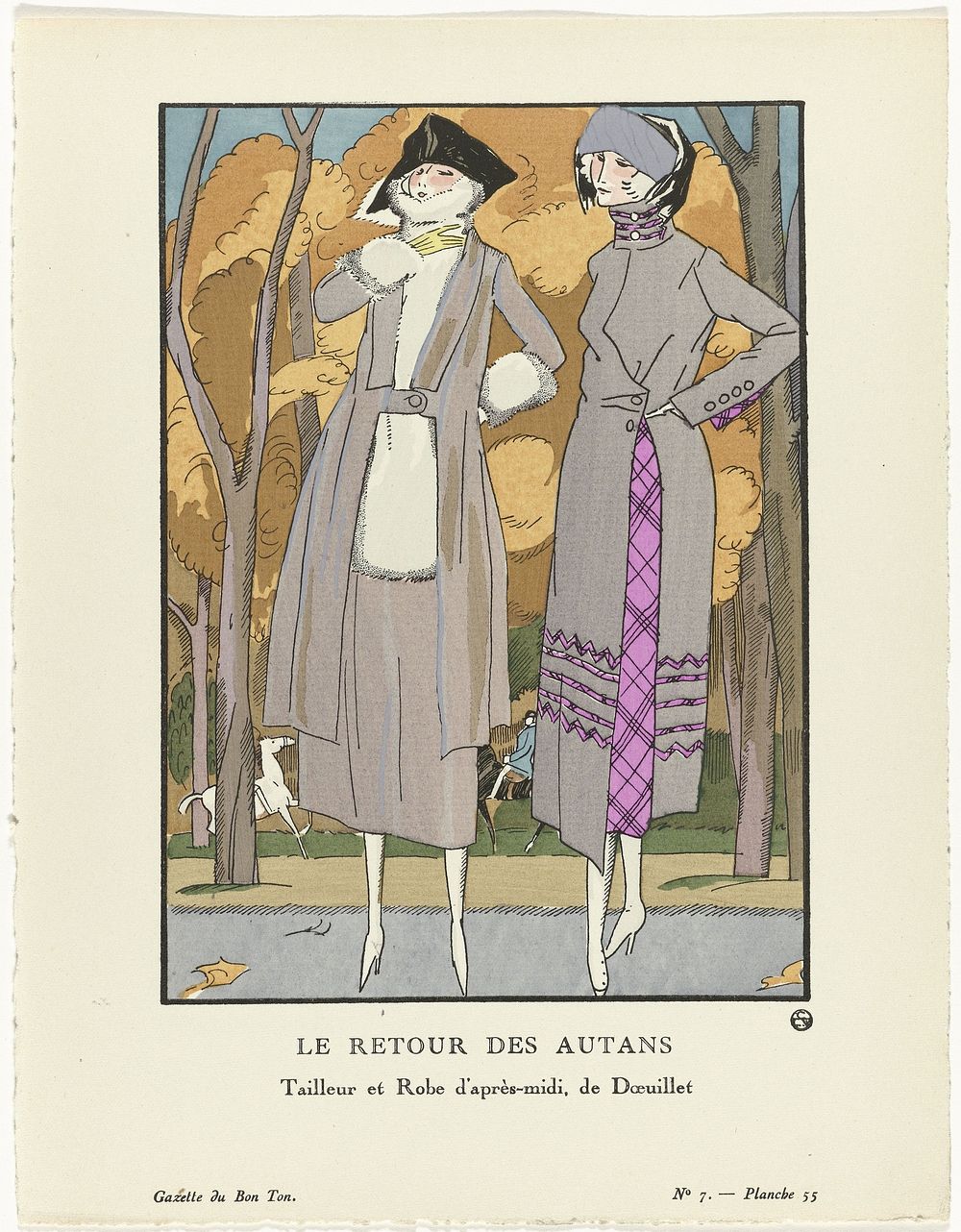 Gazette du Bon Ton, 1920 - No. 7, Pl. 55: Le retour des autans / Tailleur et Robe d'après-midi, de Doeuillet (1920) by…