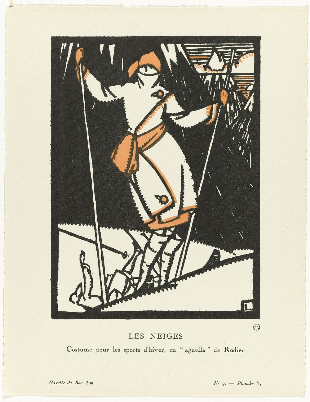 Gazette du Bon Ton, 1920 - No. 9, Pl. 65 : Les Neiges / Costume pour les sports d'hiver, en"agnella" de Rodier (1920) by…