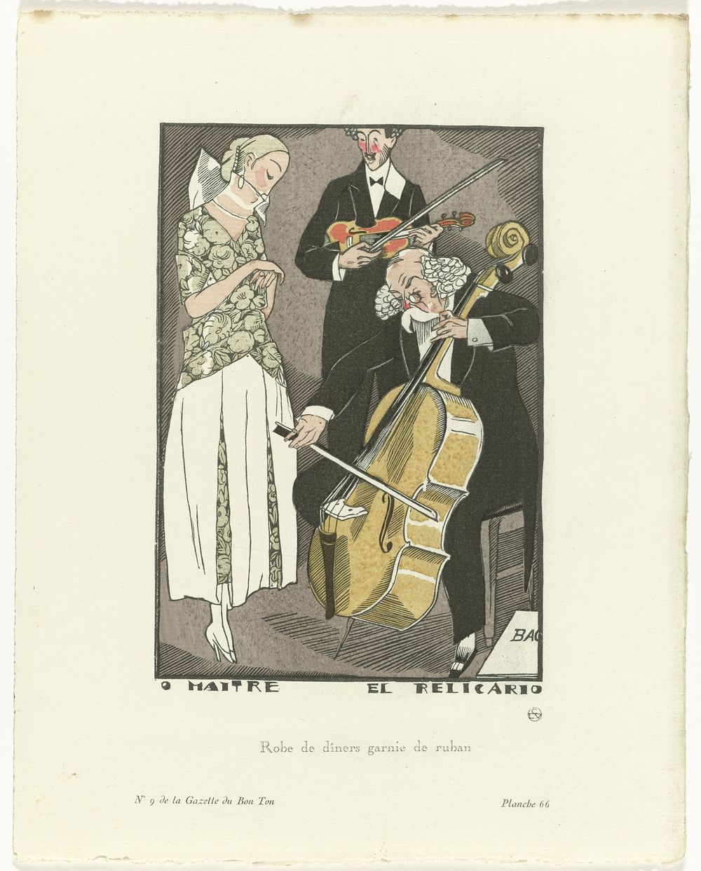 Gazette du Bon Ton, 1920 - No. 9, Pl. 66: O Maitre el Relicario / Robe de dîners garnie de ruban (1920) by Fernand Siméon…