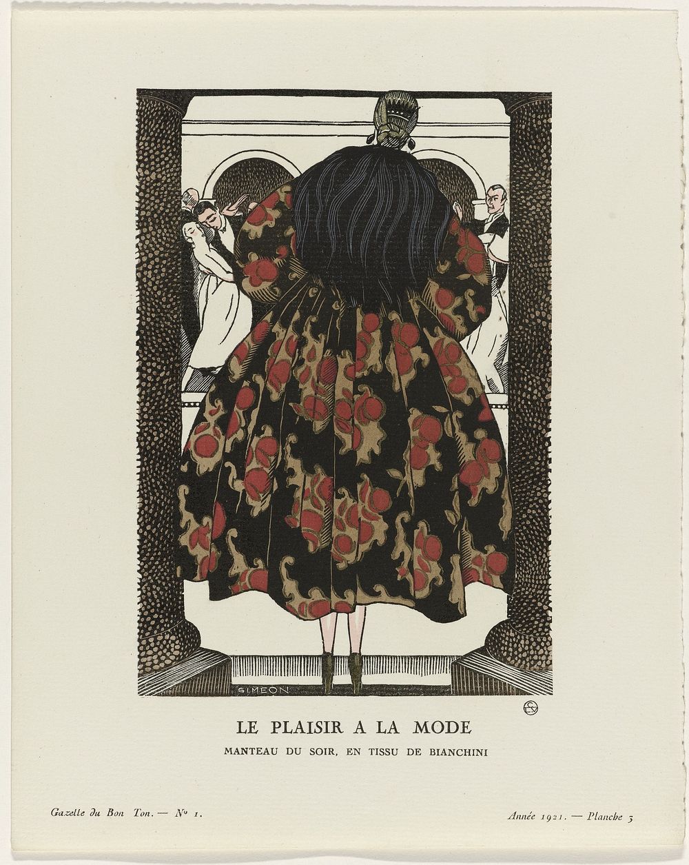 Gazette du Bon Ton, 1921 - No. 1, Pl. 3: Le plaisir a la mode / Manteau du soir, en tissu de Bianchini (1921) by Fernand…
