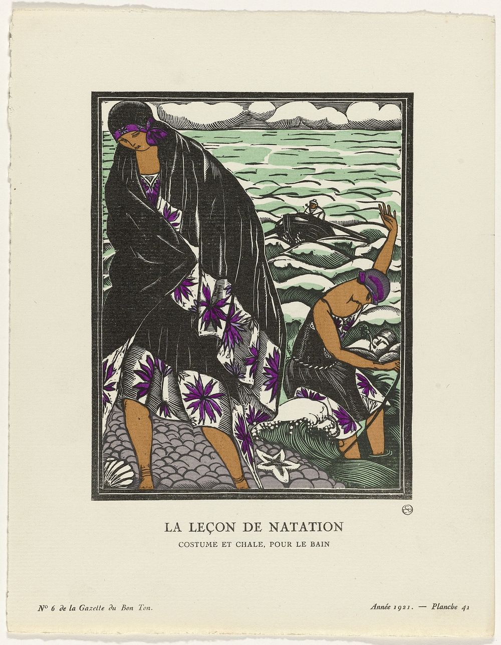 Gazette du Bon Ton, 1921 - No. 6, Pl. 41: La leçon de natation / Costume et chale, pour le bain (1921) by Fernand Siméon…