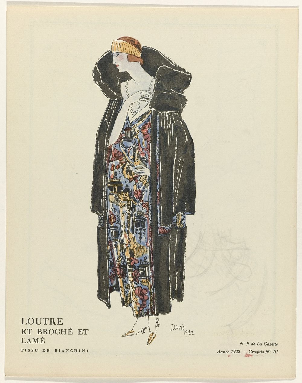 Gazette du Bon Ton, 1922 - No. 9 : Loutre et broché et lamé / Tissu de Bianchini (1922) by David, anonymous, Bianchini…
