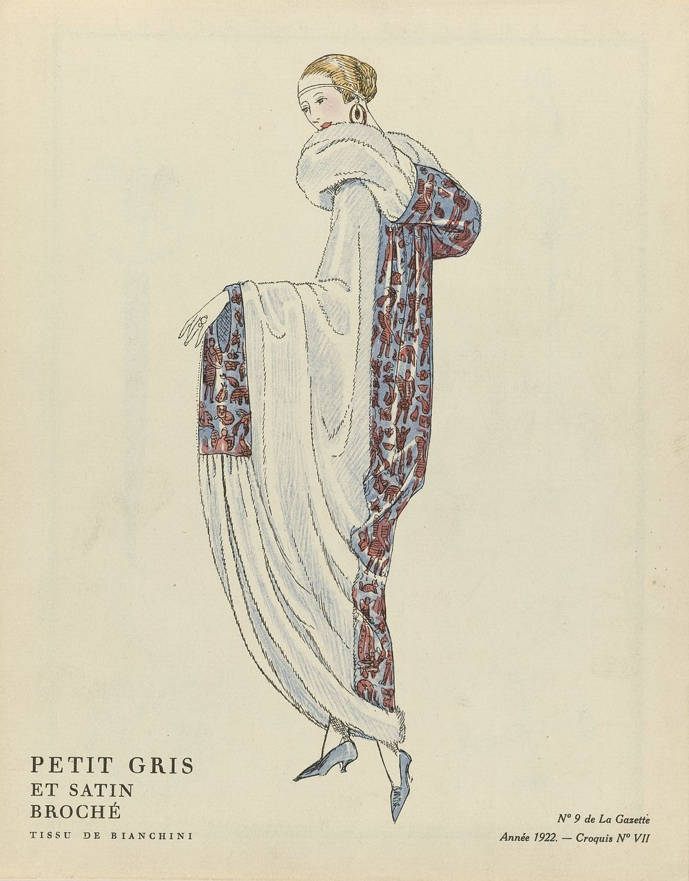 Gazette du Bon Ton, 1922 - No. 9 : Petit gris et satin broché / Tissu de Bianchini (1922) by anonymous, Bianchini Férier…