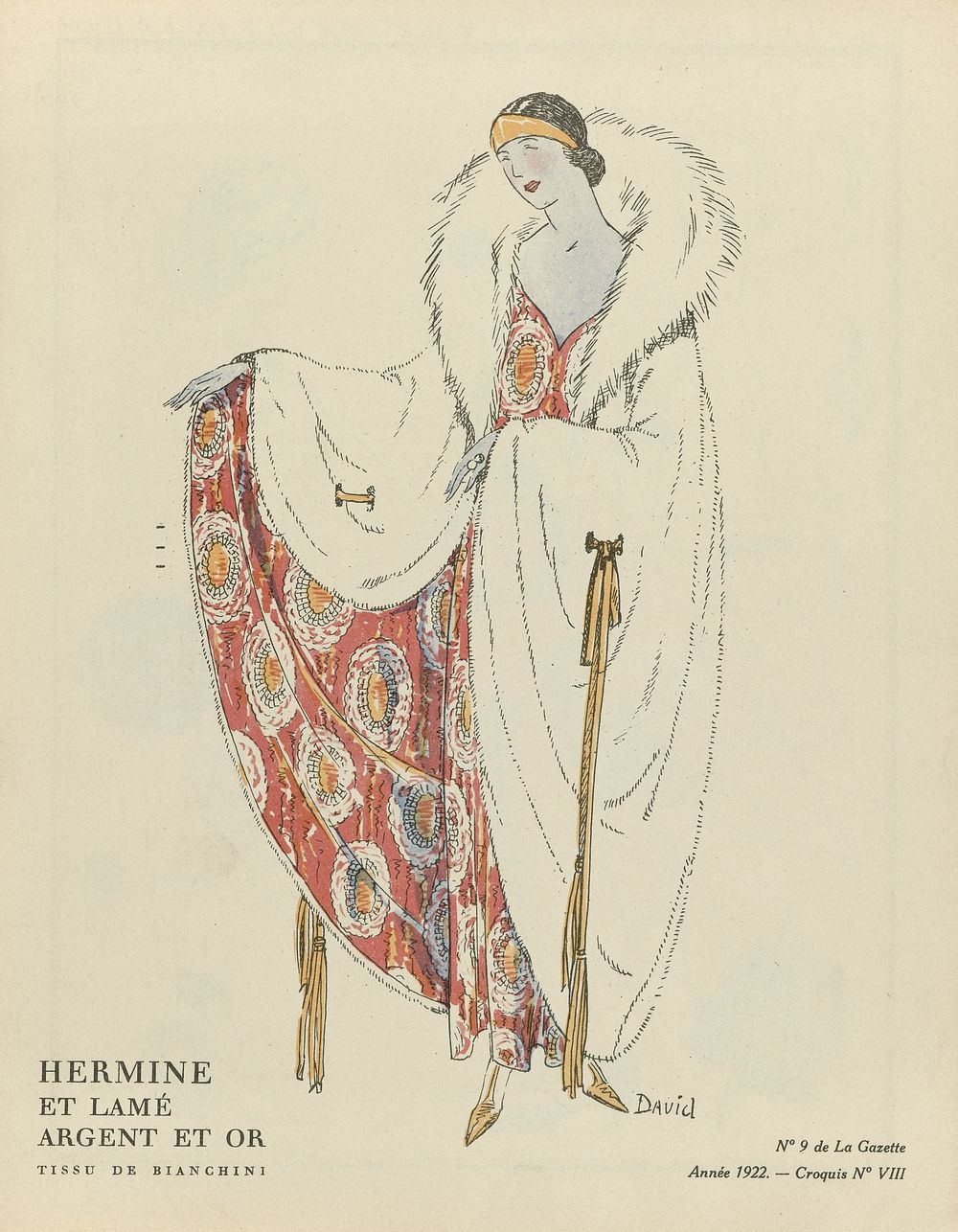Gazette du Bon Ton, 1922 - No. 9 : Hermine et lamé argent et or / Tissu de Bianchini (1922) by David, anonymous, Bianchini…