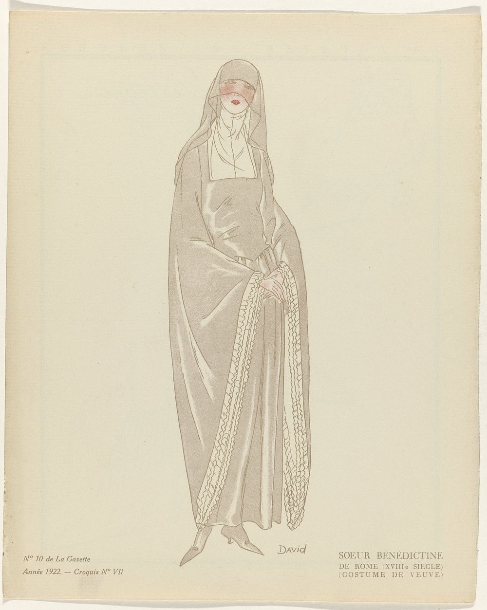 Gazette du Bon Ton, 1922 - No. 10, Pl. VII : Soeur Bénédictine / De Rome (XVIIIe siècle) / (Costume de veuve) (1922) by…