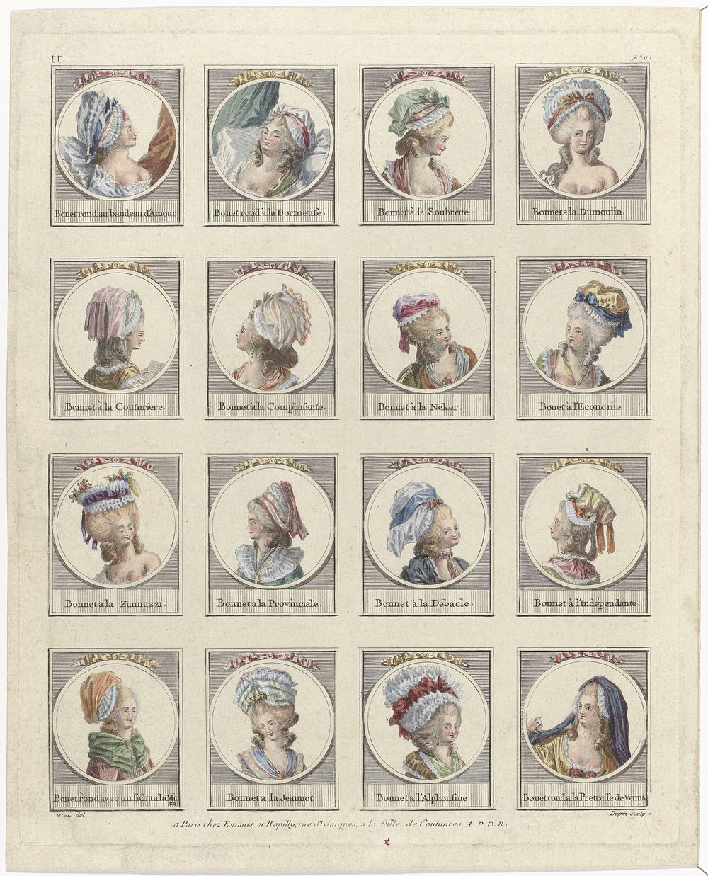 Gallerie des Modes et Costumes Français, 1783, tt 250 : Bonnet rond au bandeau (...) (1783) by Nicolas Dupin, Claude Louis…