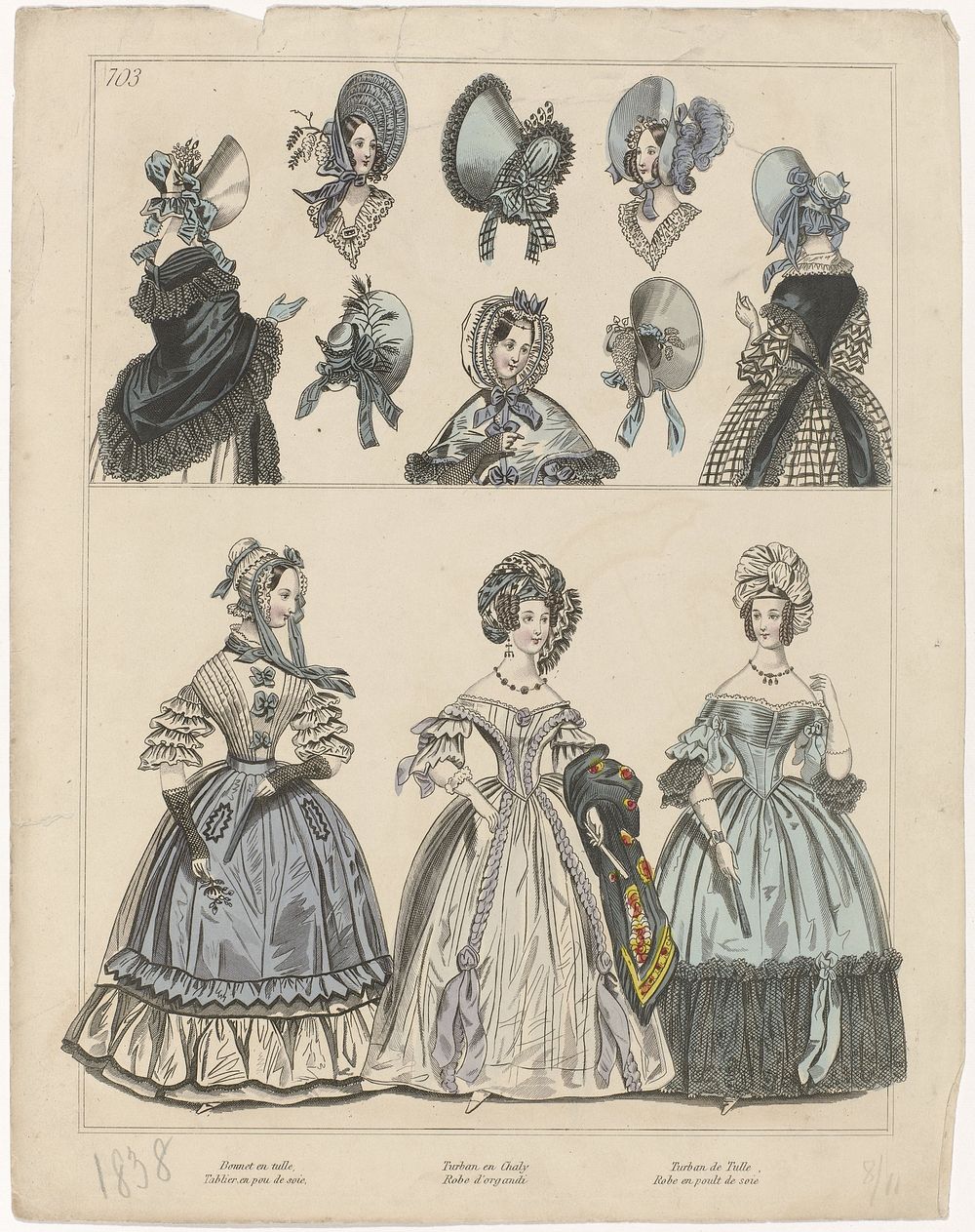 Townsend's Monthly Selection of Parisian Costumes, 1838, No. 703 : Bonnet en tull (...) (1838) by anonymous and Henry James…