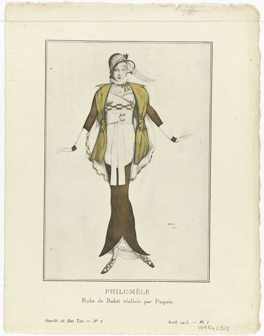 Gazette du Bon Ton, 1913, No. 6: PHILOMÈLE / Robe de Bakst réalisée par Paquin (1913) by Léon Bakst, anonymous, Jeanne…