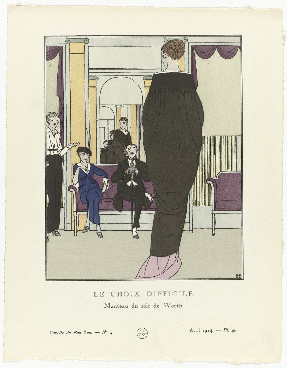 Gazette du Bon Ton, 1914 , No. 4, Pl. 40: Le choix difficile / Manteau du soir de Worth (1914) by Bernard Boutet de Monvel…
