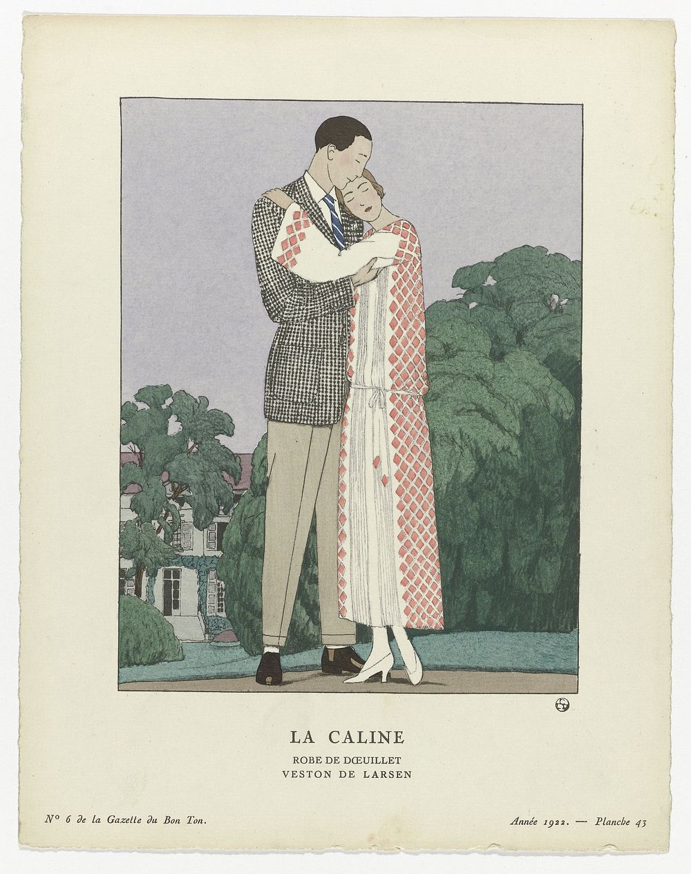 Gazette du Bon Ton, 1922, No. 6, Pl. 43 : La Caline Robe de Doeuillet / Veston de Larsen (1922) by anonymous, George…