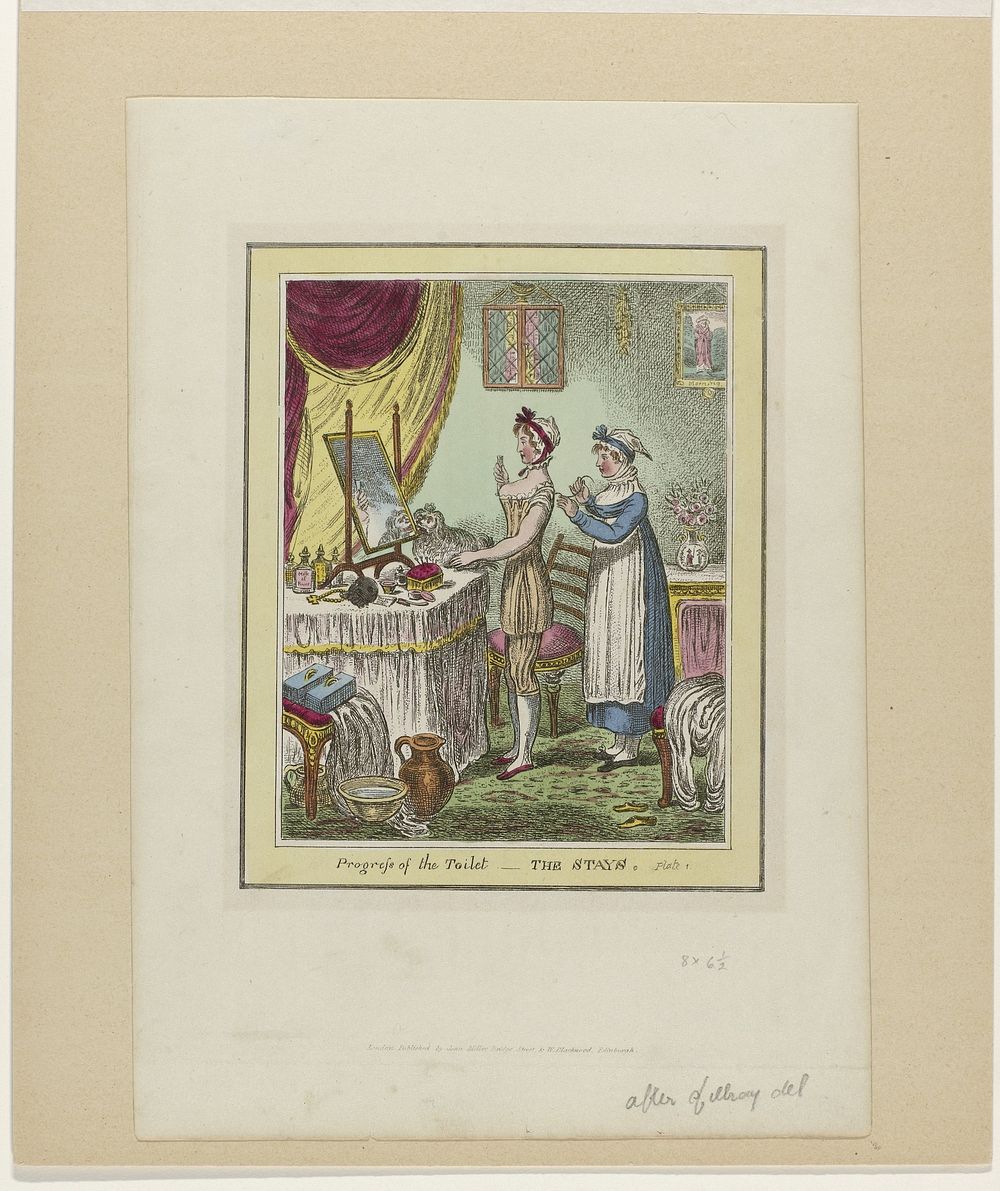 Progress of the Toilet, The Stays (1810) by James Gillray, anonymous and John Miller