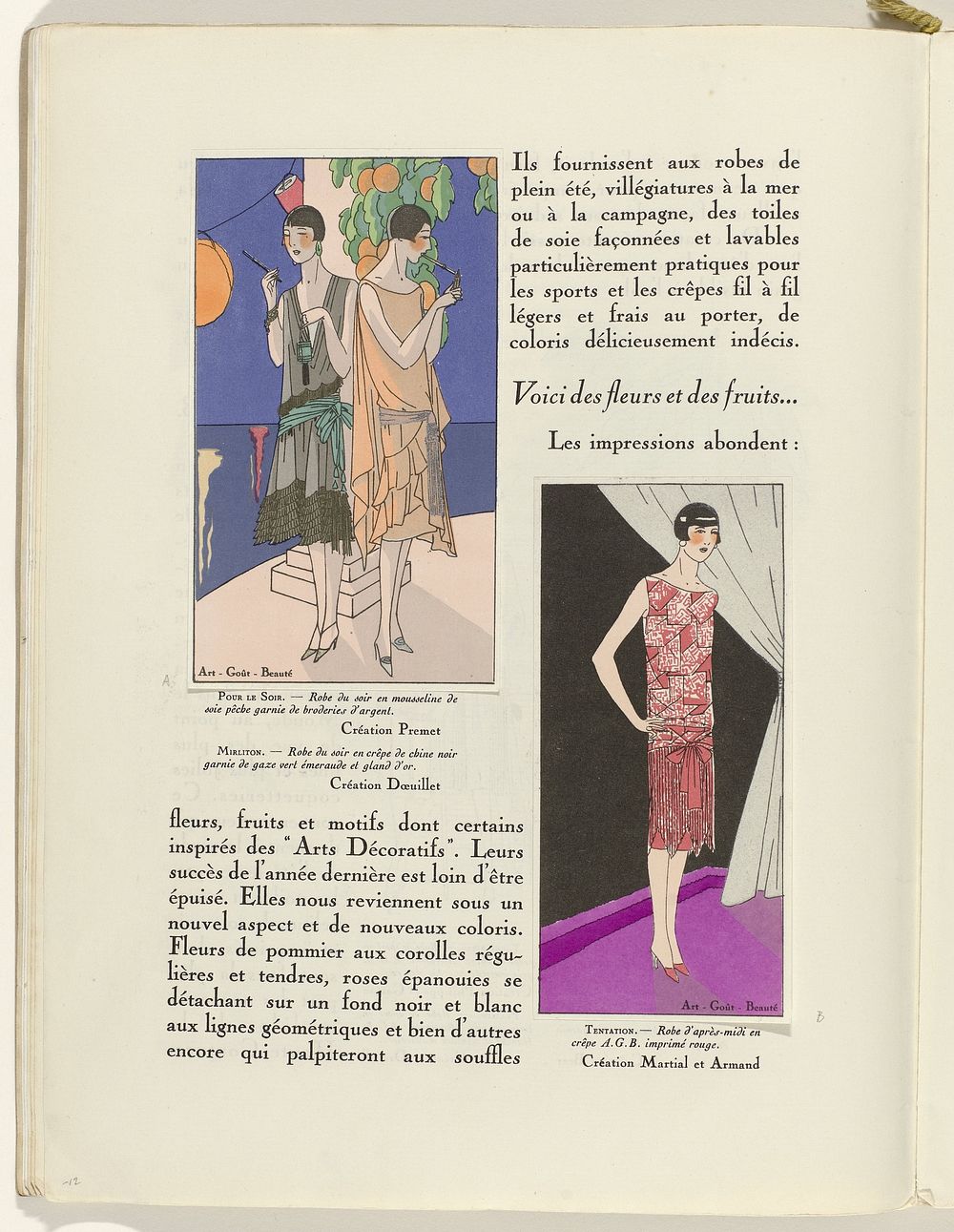 Art - Goût - Beauté, Feuillets de l' élégance féminine, Février 1926, No. 66, 6e Année, p. 12 (1926) by Charles Goy, Premet…