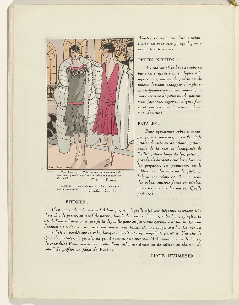 Art - Goût - Beauté, Feuillets de l' élégance féminine, Février 1926, No. 66, 6e Année, p. 22 (1926) by anonymous, Premet…