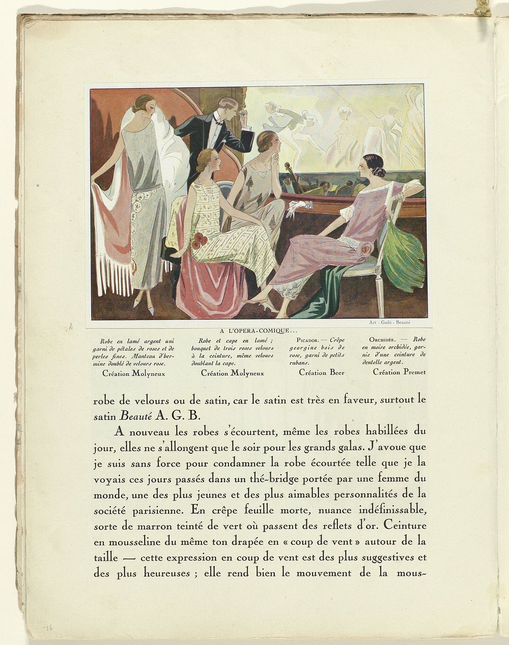 Art - Goût - Beauté, Feuillets de l' élégance féminine, Janvier 1924, No. 41, 4e Année, p. 16: à L'Opéra comique (1924) by…