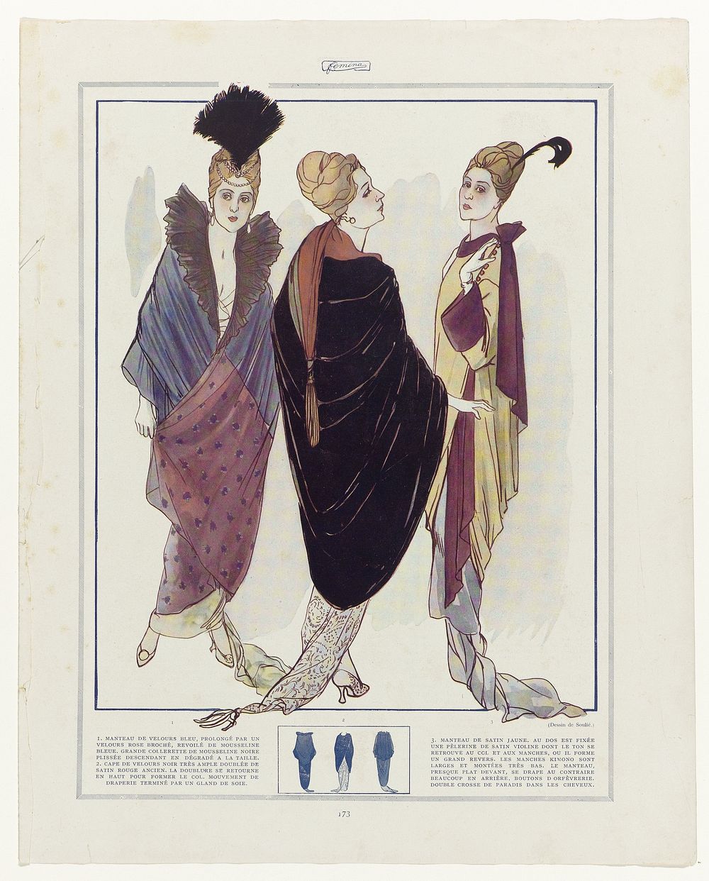 Fémina, ca. 1914, p. 173 en p. 174: 1. MANTEAU DE VELOURS BLEU (...) (c. 1914) by A Soulié and anonymous