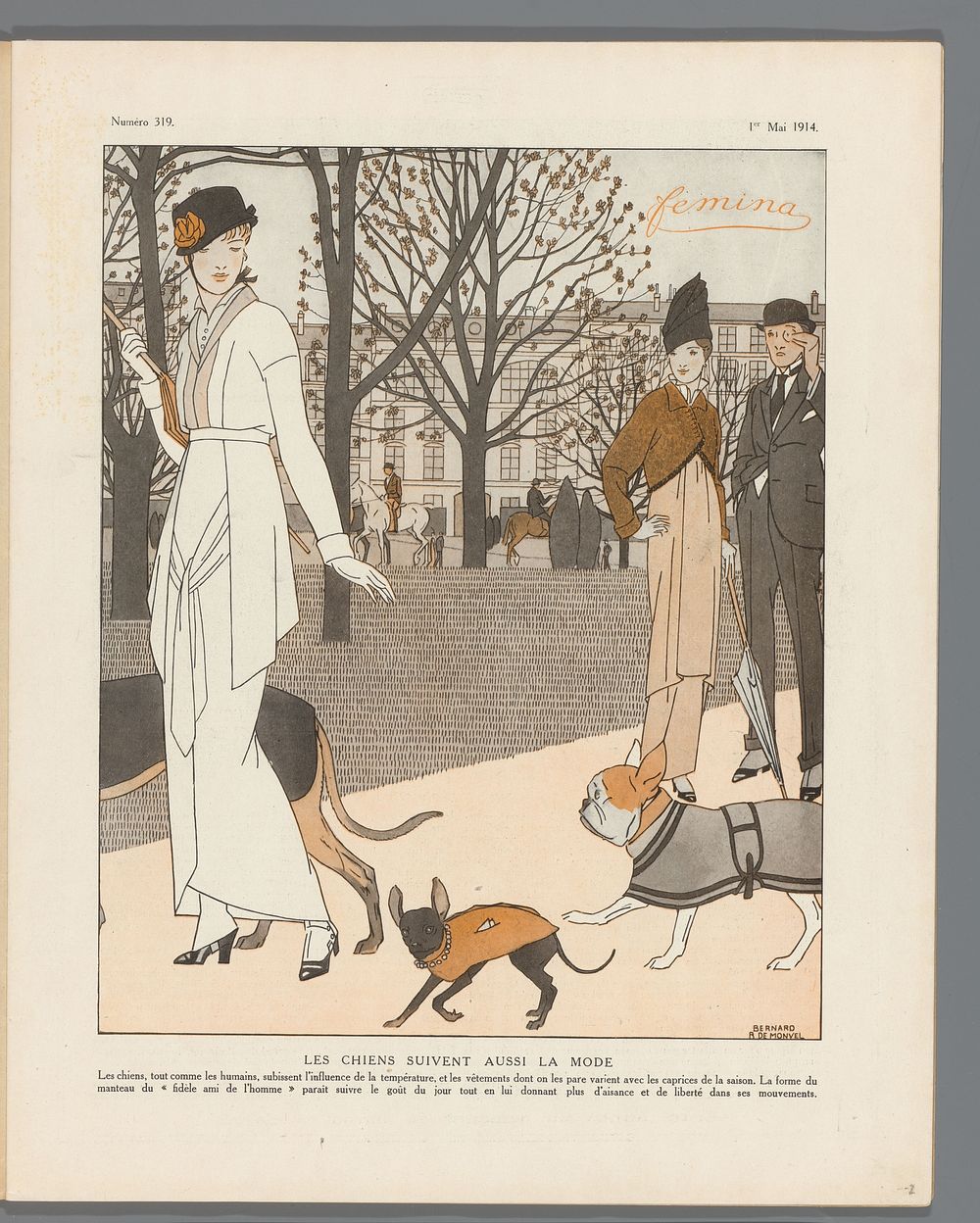 Femina, 1 Mai 1914, 14e Année, nr. 19: modeprent "Les chiens suivent aussi la mode" (1914) by Bernard Boutet de Monvel and…