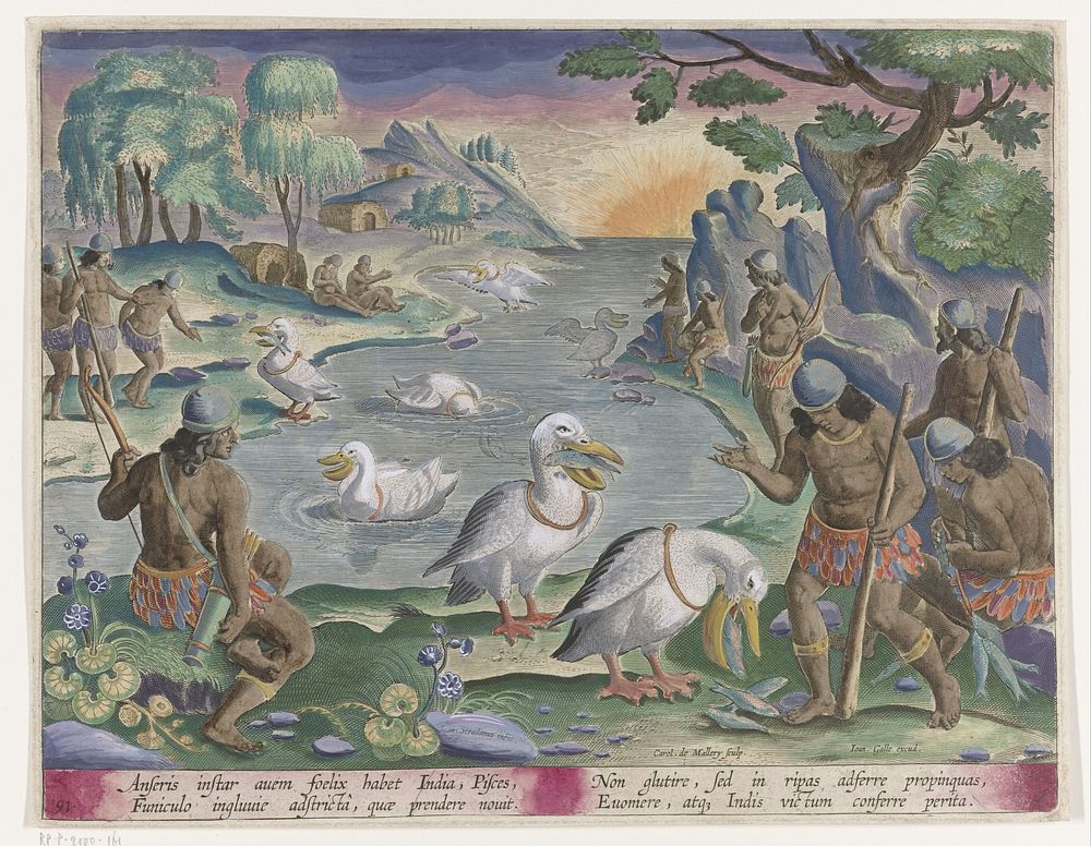 Vis vangen met behulp van pelikanen (1634) by Karel van Mallery, Jan Collaert II, Jan van der Straet, Joannes Galle and…