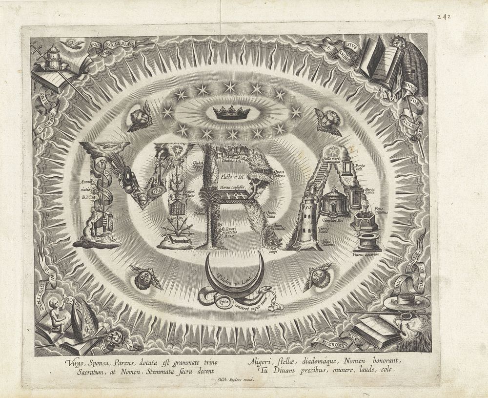 Ornament: Monogram van Maria: MRA opgebouwd uit Mariasymbolen (1608 - 1630) by Michael Snijders and anonymous