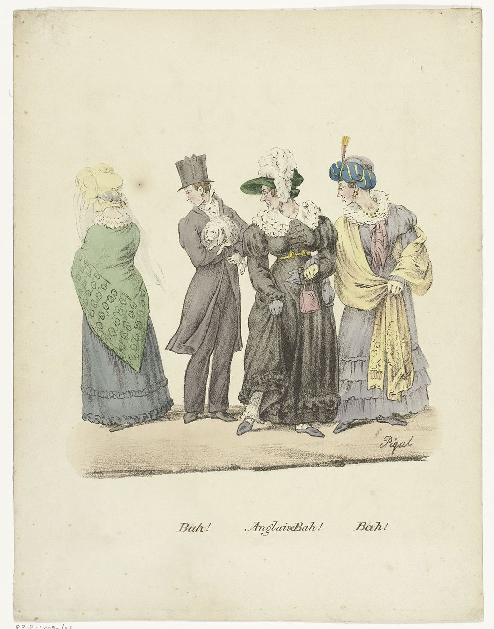 Twee vrouwen en een man met hond kijken misprijzend naar derde vrouw (1808 - 1872) by Edme Jean Pigal