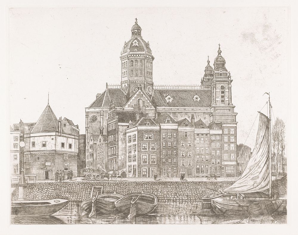 Gezicht op de Sint Nicolaaskerk en Schreierstoren in Amsterdam (1872 - c. 1943) by Alex Boom
