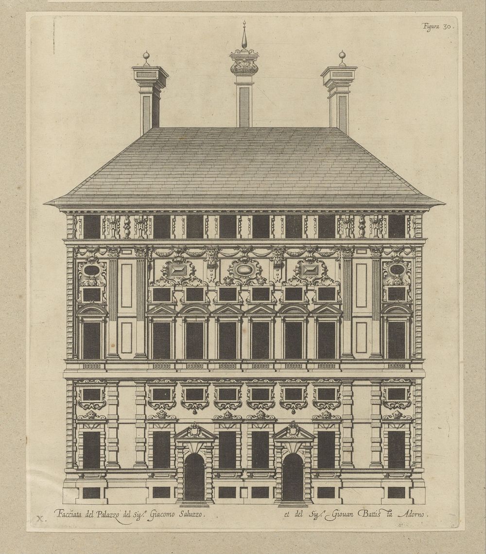 Opstand van de façade van het Palazzo Cattaneo-Adorno te Genua (1622) by Nicolaes Ryckmans, Peter Paul Rubens and Spaanse…