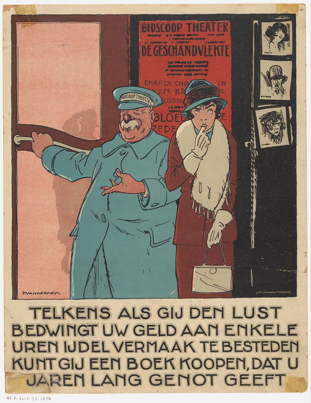Ingang van een bioscoop met een vrouw en een portier (1921) by Henri Lankhout, Piet van der Hem and Nederlandsche…