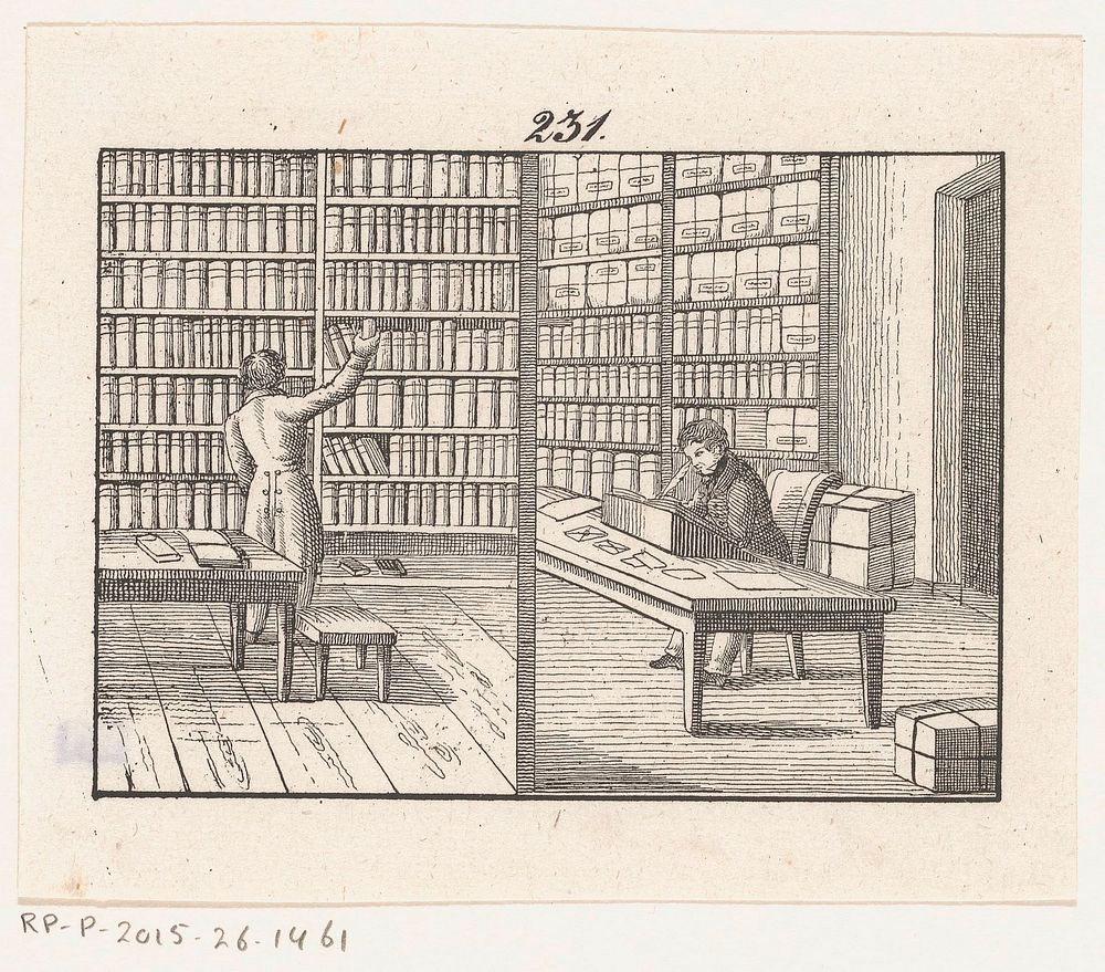 Twee bibliotheekscènes (c. 1825 - c. 1850) by anonymous