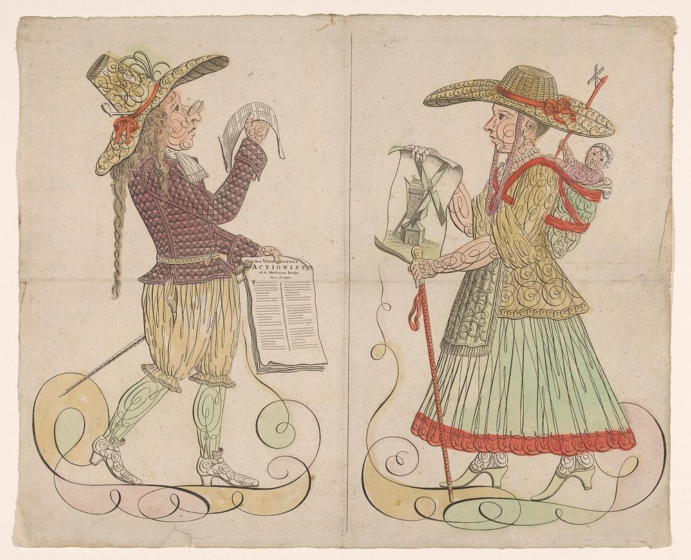 Kalligrafie van een man met een spotlied op de actionisten en een vrouw en een kind met windmolens (1720) by anonymous