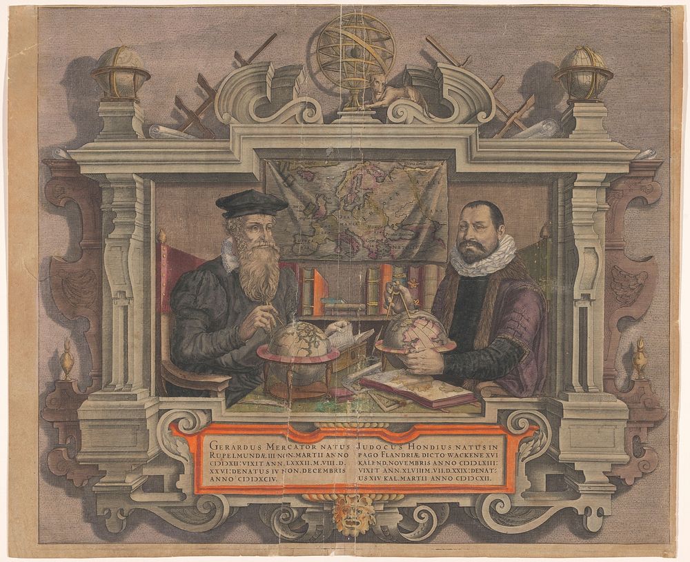 Portret van Jodocus Hondius en Gerard Mercator (1613) by Hendrick Hondius, anonymous and Jodocus Hondius II