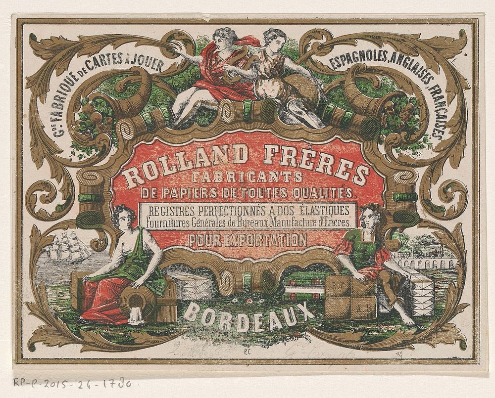 Visitekaartje van Rolland Frères, papierfabrikant te Bordeaux (c. 1840 - c. 1875) by Monogrammist PC lithograaf