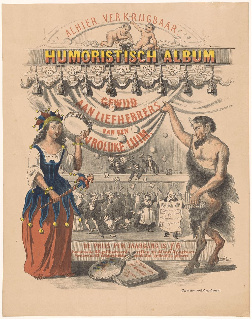 Affiche voor het weekblad Humoristisch Album (1855 - 1863) by Hendrik Wilhelmus Last, Elias Spanier and H Nijgh