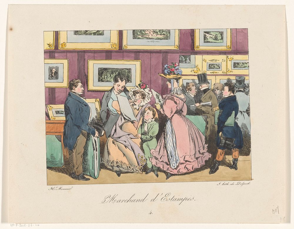 Gezelschap in een prenthandel (1829) by Henry Bonaventure Monnier and veuve Delpech Naudet