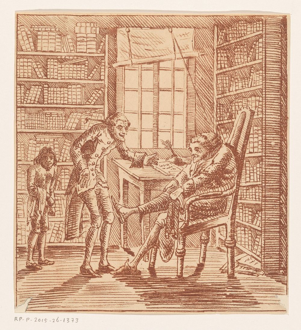 Man met twee bedienden in een studeervertrek (c. 1750 - c. 1800) by anonymous