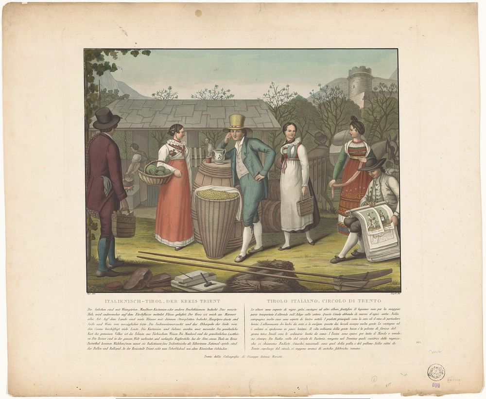 Mannen en vrouwen in klederdracht met producten uit de provincie Trente (1828 - 1848) by Alessandro Angeli, Josef Weger and…