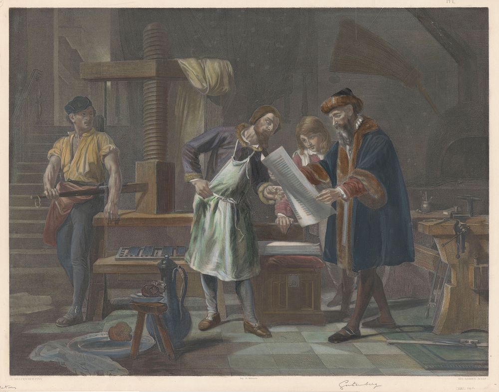 Interieur van de drukkerij van Johannes Gutenberg (1863) by Auguste Ledoux, Frédéric Désiré Hillemacher and Ch Wittmann