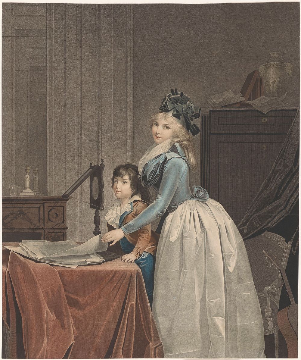 Portret van Louise Sébastienne Gély met stiefzoon achter een opticaspiegel (c. 1794) by J F Cazenave, Louis Léopold Boilly…