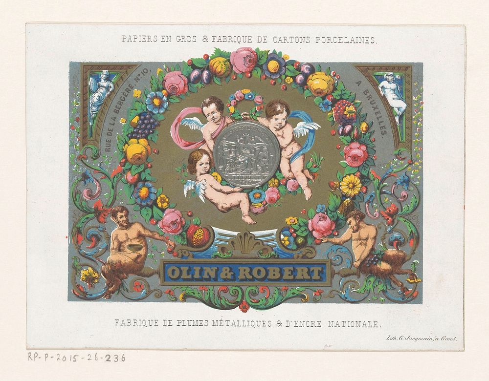 Visitekaartje van papierhandel Olin & Robert te Brussel (in or after 1841 - before c. 1870) by Gustave Jacqmain and Gustave…