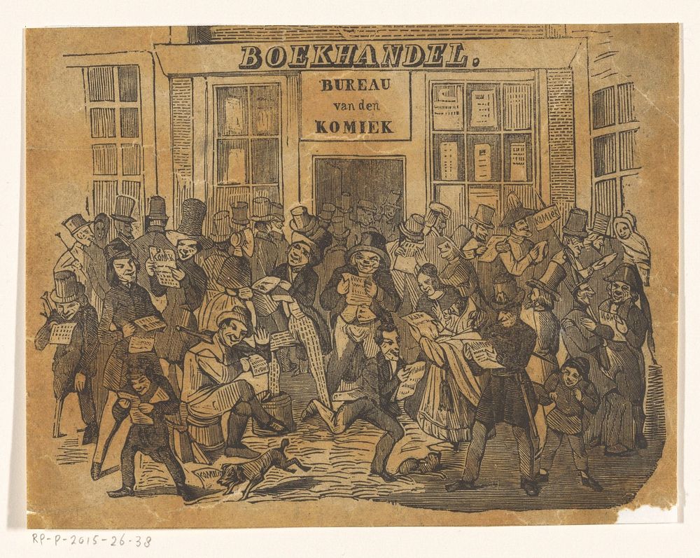 Menigte voor een boekhandel om De Komiek te bemachtigen (1845) by Jacobus Wilhelmus Adrianus Hilverdink and G Theod Bom