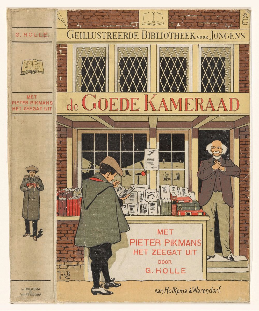 Jongen voor de uitstalling van een boekwinkel (1915) by anonymous, Johan Braakensiek and Van Holkema and Warendorf