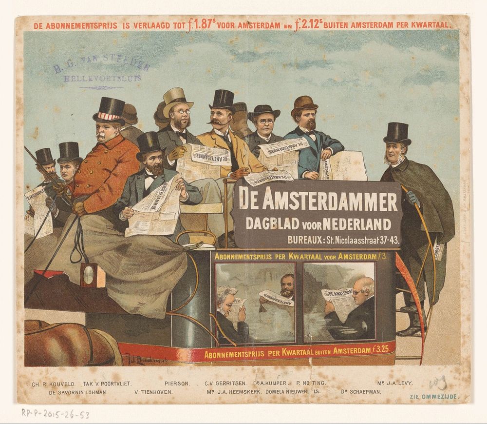 Reclamebiljet voor dagblad De Amsterdammer (c. 1880 - c. 1886) by anonymous, Johan Braakensiek and L van Leer and Co