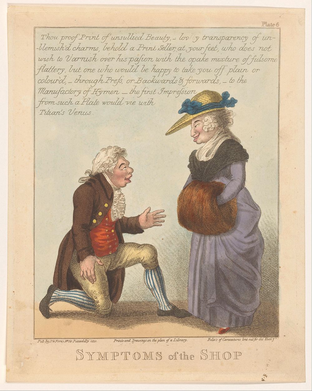 Prentverkoper versiert een vrouw (1801) by Franciscus Sansom, George Moutard Woodward and Samuel W Fores