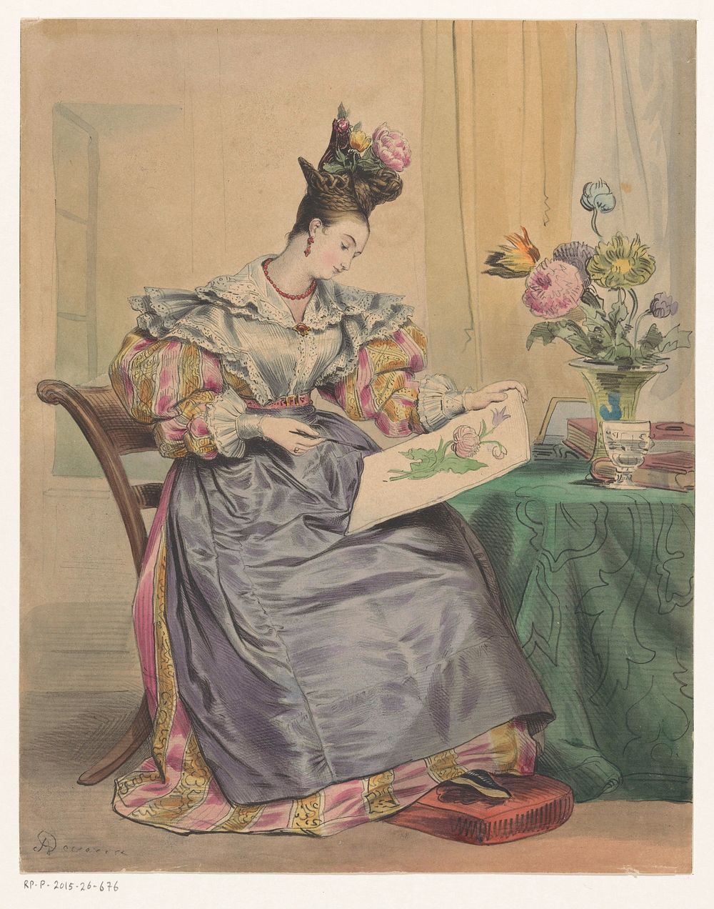 Vrouw kleurt een prent (c. 1830) by Achille Devéria and Antoine Catherine Adolphe Fonrouge