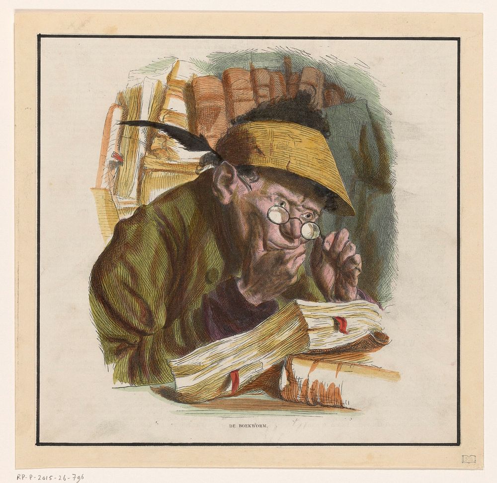 Man over een boek gebogen, een schrijfveer achter zijn oor (c. 1850 - c. 1900) by anonymous
