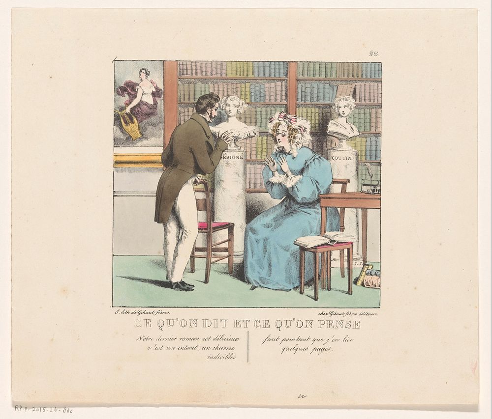 Man in gesprek met een Franse schrijfster (1829) by Jean Gabriel Scheffer, Gihaut frères and Gihaut frères