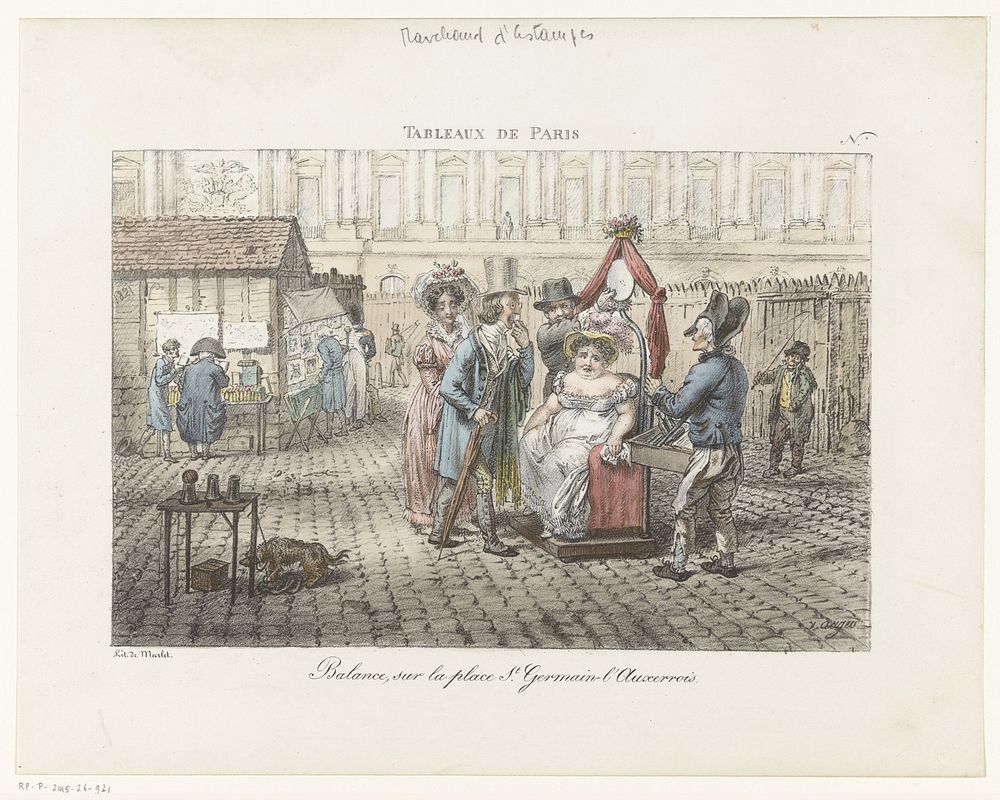 Vrouw op een weegschaal op de Place St. Germain-l'Auxerrois te Parijs (1821) by Jean Henri Marlet and Adrien Victor Auger